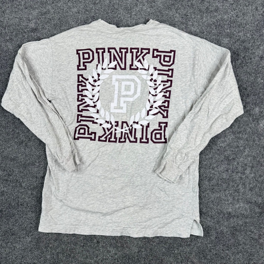 Pink Victoria's Secret Shirt Womens Small Gray Long Sleeve Pocket Graphic Tee